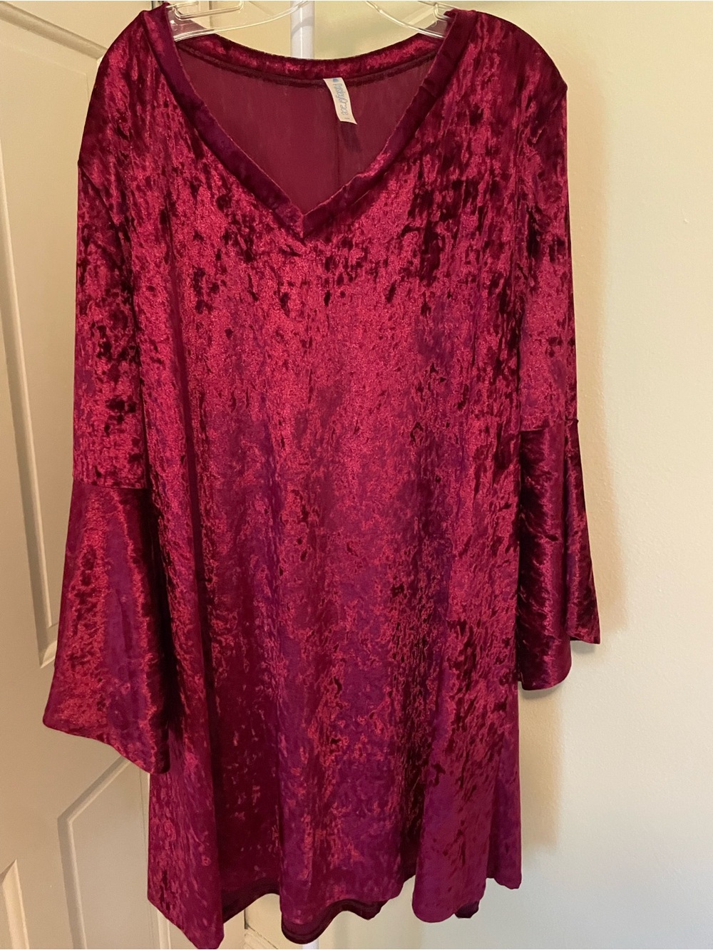 Crushed Velvet V-Neck Midi Dress with Bell Sleeves in Deep Wine. 3X.